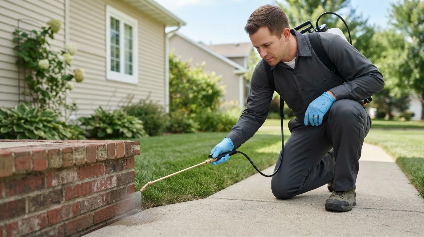 Pest control technician treating a home near Walcott, IA