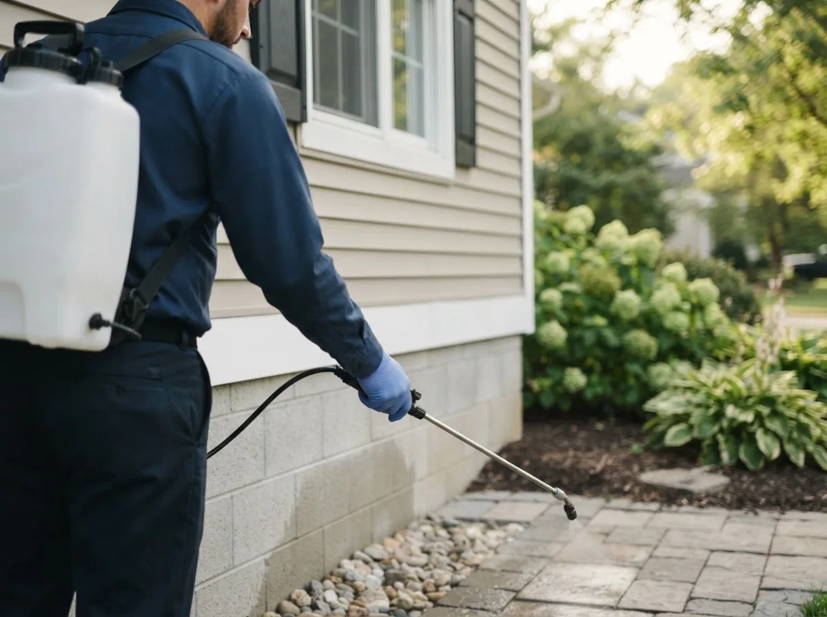 Pest control technician inspecting a home in Walcott, IA